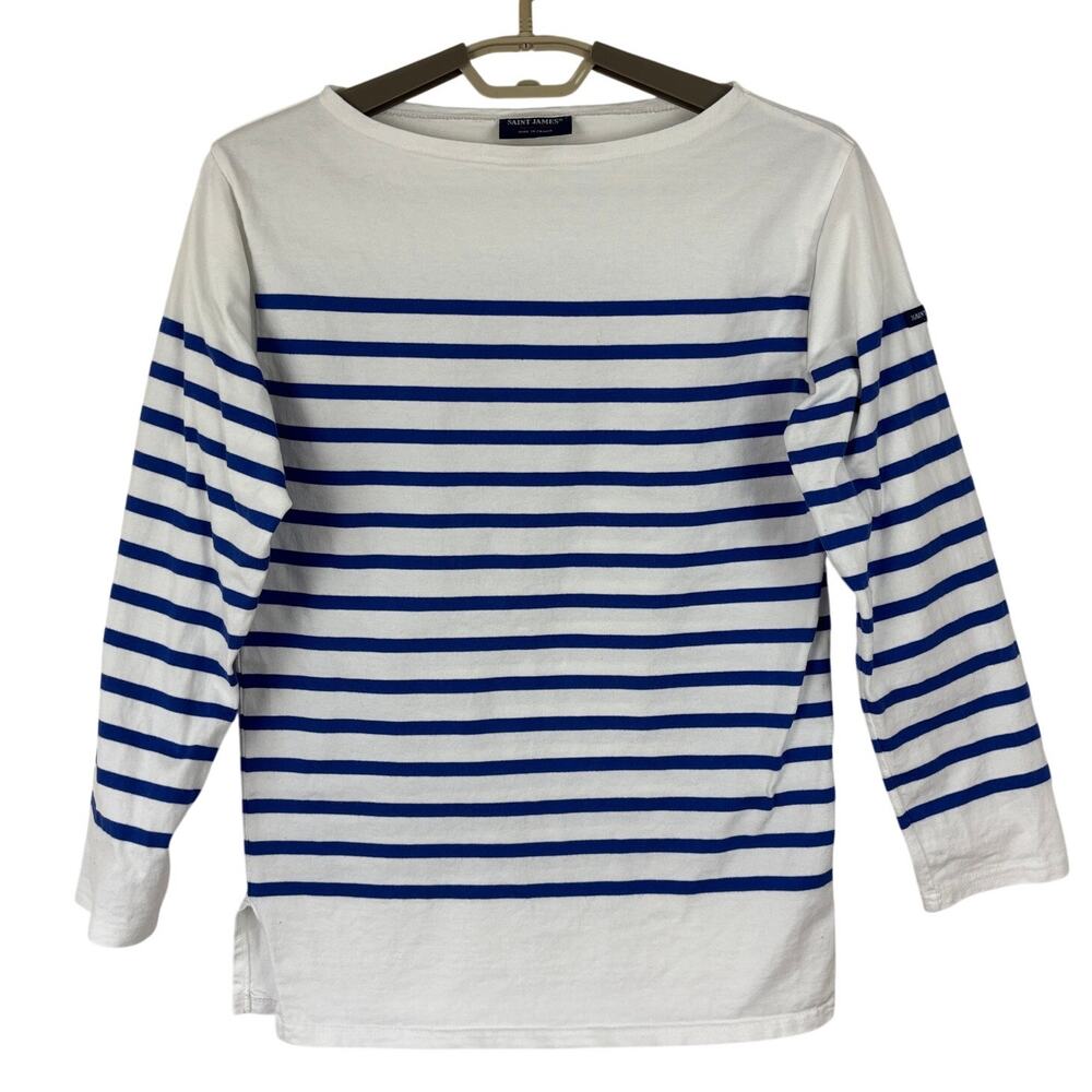 Saint James Naval Sailor White Blue Breton Stripe Tee Nautical boatneck cotton
